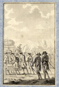 32436 Afbeelding van een stoet patriotten en militairen die de stad Utrecht hebben verlaten.
